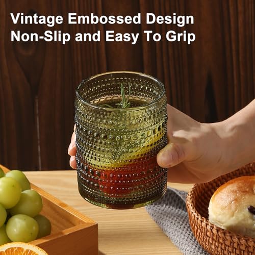 ZMOWIPDL Vintage Hobnail Drinking Glasses Set of 8,Green 12 oz & 15oz Highball Glass Cups, Kitchen Drinkware Glassware,Embossed Water Tumbler,for Beer,Cocktail,Whiskey,Juice and Various Mixed Drinks