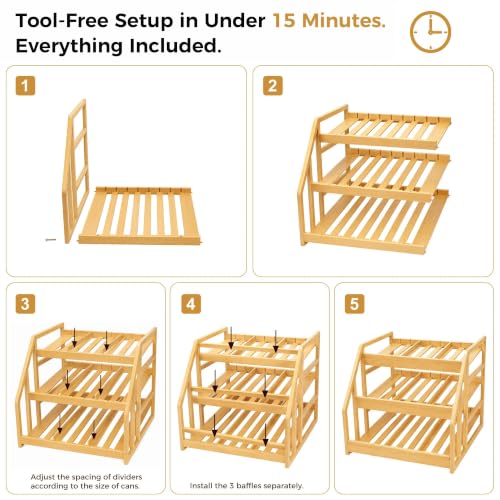 MinBoo 3-Tier Bamboo Can Organizer for Pantry - Holds 36 Cans (9/12/15) - Stackable Canned Food Dispenser with Adjustable Dividers - Gravity-Fed Rolling Storage Rack for Kitchen Cabinets