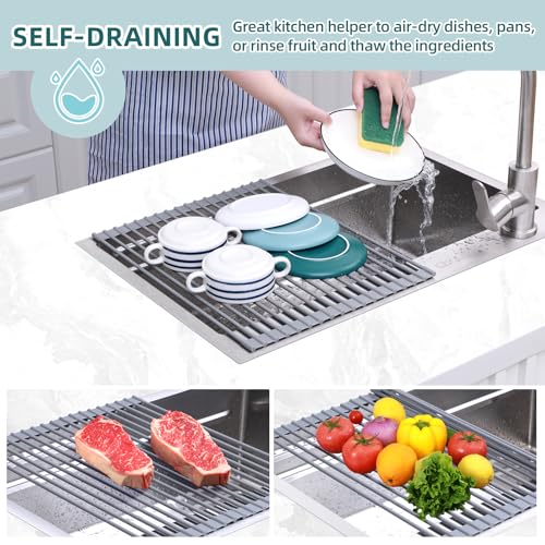 Ohuhu Roll Up Dish Drying Rack, Over The Sink Multipurpose Roll-Up Dish Racks, 16.5" W x 13" L Rolling Heat-Resistant Anti-Slip Silicone Coated Dish Drainer Portable Foldable for Kitchen Counter