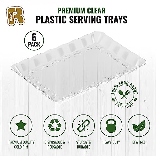 6 Pack Clear Plastic Serving Trays for Party, 9 x 13 Inch - Heavy Duty Plastic Trays for Food - Rectangular Party Serving Trays and Platters - Clear Disposable Trays