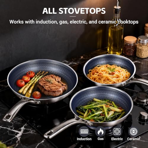 Ammeloo Hybrid Tri-Ply Stainless Steel Frying Pans Set, 8"/9.5"/11" Cooking Pans, Non Stick Frying Pans and Skillets, Chef Pan, Non Toxic, Dishwasher Safe, Induction Compatible, Blue Interior