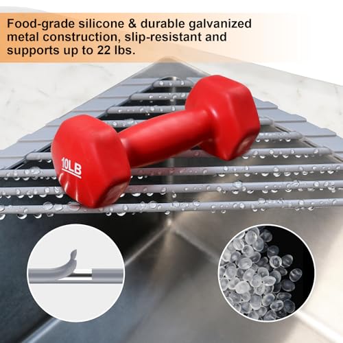 Triangle Roll Up Dish Drying Rack for Sink Corner, Silicone Wrapped Sponge Holder for Kitchen Sink Caddy Organizer Multipurpose Corner Shelf Drainer Mat for RV Kitchen Sink Accessories Counter Storage