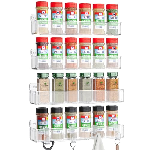 Nieifi Spice Rack Wall Mount, 4 Pack, Clear, 2 Inch Wide, Screw or Adhesive Installation, Spice Rack Organizer for Small Spice Jars, Suitable for Kitchen Cabinet or Pantry Door