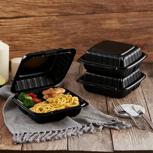 50Pack 8" X 8" 3-Compartment Clamshell To Go Food Containers With Secure Snap Lids - Heavy Duty Take out Containers Disposable To Go Plate For Carryout Meal Prep Catering (Black 3-Compartment)