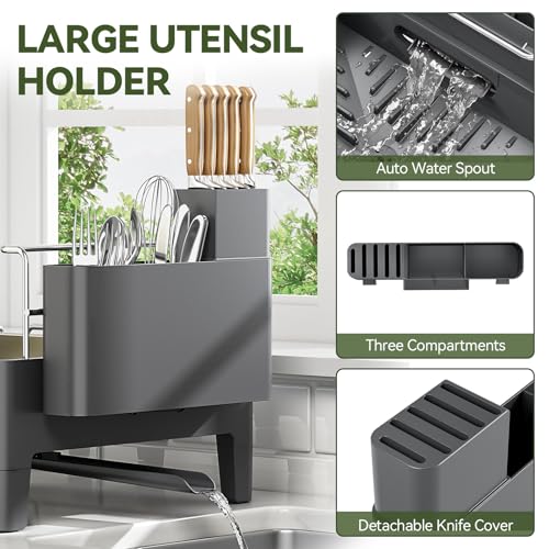 Urackify Expandable Dish Drying Rack, Stainless Steel Dish Rack with Aluminum Frame, Dish Drainer for Kitchen Counter, Space Saving Kitchen Drying Rack with Movable Utensil Holder, Gray