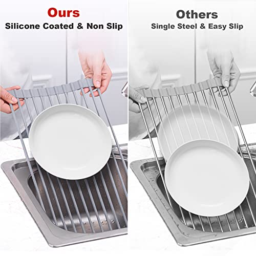 MERRYBOX Roll Up Dish Drying Rack, Silicone Wrapped Over The Sink Dish Rack Foldable Dish Drainer Anti-Slip Dish Racks for Kitchen Counter, Multipurpose Kitchen Sink Drying Rack, 18" x 13", Light Gray