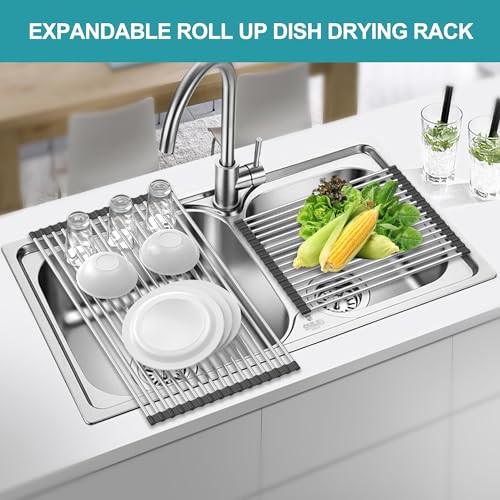 Extra Large Expandable Roll Up Dish Drying Rack,Over The Sink Drying Rack Sink Cover Kitchen Sink Accessories Kitchen Rolling up Stainless Steel Drainer, Foldable,Rollable（Black，22.8''-12.4''）