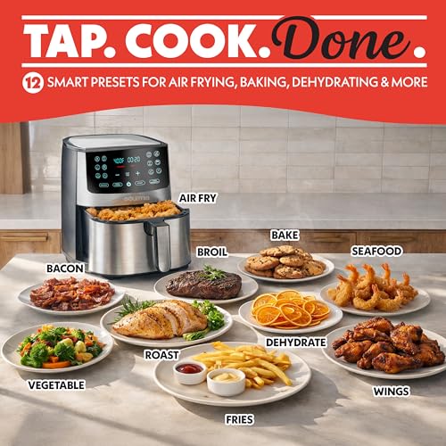 Gourmia Air Fryer Oven Digital Display 8 Quart Large AirFryer Cooker 12 Touch Cooking Presets, XL Air Fryer Basket 1700w Power Multifunction GAF838 Black and stainless steel air fryer