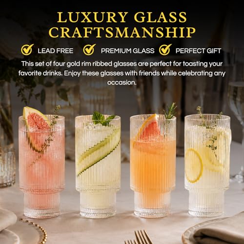 Vintage Art Deco Crystal Highball Ribbed Glass Set of 4 - Ripple, Collins Glassware 14oz Classic Crystal Cocktail Glasses Perfect for Water, Champagne, Beer, Juice, Tom Cocktails - Barware Tumblers
