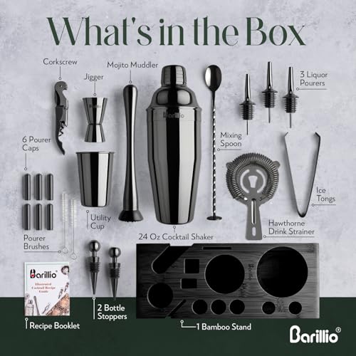 Barillio Black Bartender Kit - Stainless-Steel Cocktail Shaker Set w/Black Bamboo Stand - Mixology Bar Tools w/Drink Shaker, Mixer and Muddler for Cocktails - Home Bar Accessories - 23-Pc Bar Set
