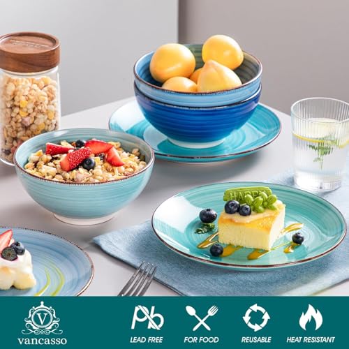 vancasso Bonita Stoneware Dinnerware Sets 24 Pieces Service for 6, Hand-Painted Spiral Dishes Set, Ceramic Kitchen Plates and Bowls Sets-Microwave and Dishwasher Safe (Blue,24 Pcs)