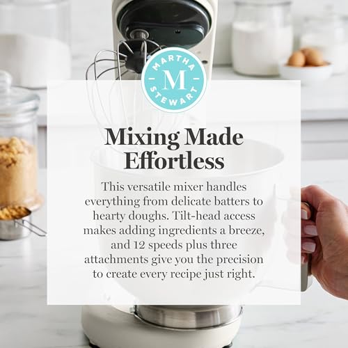 Martha Stewart 5.3Qt Stand Mixer, 12-Speed Tilt-Head Electric Kitchen Mixer with Stainless Steel Bowl, Dough Hook, Whisk & Beater, Splash Guard, Ideal for Baking Bread, Cake & Whipping, Linen Cream