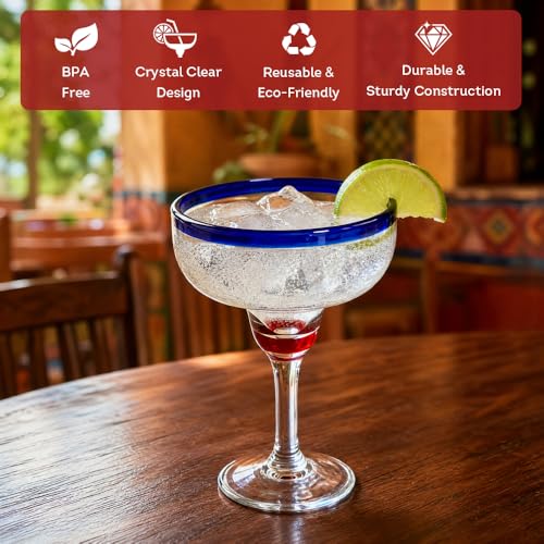 Lily's Home Unbreakable Margarita Glasses - 14 oz Shatterproof Plastic Set of 4 with Cobalt Blue Rims, Reusable Crystal Clear Stemware for Martini, Frozen Drinks, Pina Coladas & Cocktails