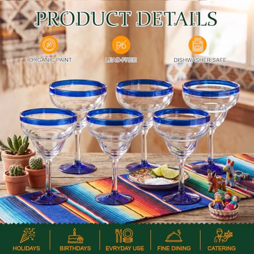 Vesici 6 Pcs Mexican Hand Blown Glass 16oz Large Cobalt Blue Rim Hand Blown Margarita Glasses Stemmed Cocktail Glasses, Authentic Artisan Crafted for Frozen Margaritas, Daiquiris & Parties