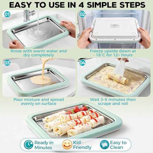 Rolled Ice Cream Maker with Quick Start Guide - DIY Instant Ice Cream Tray Kit, Includes 2 Scrapers for Manual Homemade Ice Cream Rolls, Frozen Yogurt, Sorbets & Slushies, No Electricity Needed（green）