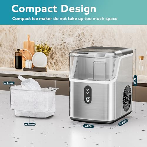 EUHOMY Nugget Ice Makers Countertop, Pebble Ice Maker Machine with 34lbs/24H Soft Ice, Self-Cleaning Sonic Ice Maker with Ice Scoop&Basket, Pellet Ice Maker for Home/Kitchen/Office(Stainless Steels)