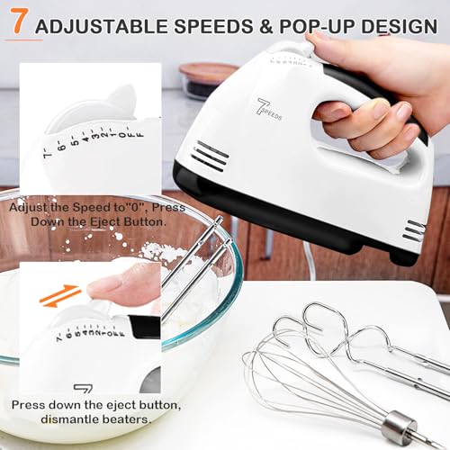 Electric Hand mixer - 7 Adjustable Speed 180W Handheld Mixer Electric Whisk with 5 Stainless Steel Accessories, Turbo Boost/Self-Control Speed + Eject Button Food Beater for Cakes Eggs, Off-white