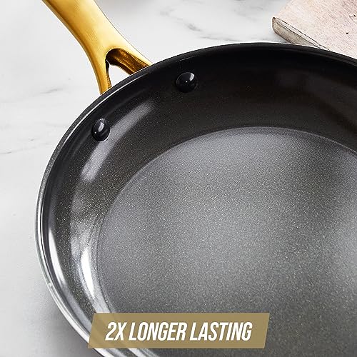 Blue Diamond 8" Nonstick Frying Pan Skillet, Diamond Infused PFAS & PTFE-Free Ceramic Pot, Dishwasher & Oven Safe, Gold Handle, Induction, Non Toxic Metal Utensil Safe, Egg & Omelet Pan, Black