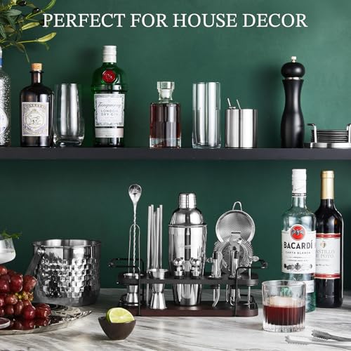 KITESSENSU Cocktail Shaker Set Bartender Kit with Stand | Complete 24-Piece Bar Set Cocktail Kit with All Bar Accessories: Martini Shaker, Jigger, Muddler | Drink Mixer Set for Home Bar Cocktails