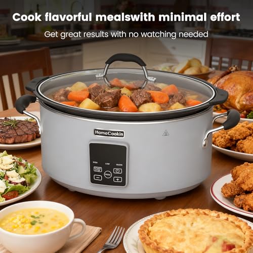 HOMECOOKIN Slow Cooker, Extra Large 10 Quart Programmable Slow Cookers with Timer, Dishwasher Safe Glass Lid & Crock, Kitchen Appliance for Families and Gatherings, Grey