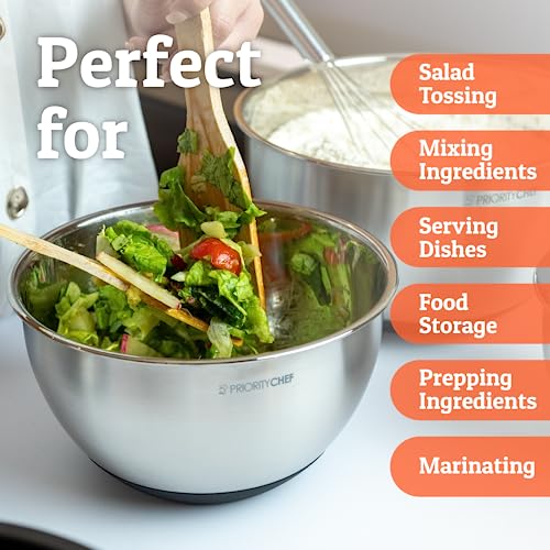 Priority Chef Premium Mixing Bowls With Lids Set, Airtight Lids, Thicker Stainless Steel, Non-Slip Base, 5 Nesting Steel Bowls for Kitchen, Large Prep Metal Bowl Set 1.5/2/3/4/5 Qt, Black