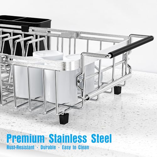 Dolreiik Expandable Over The Sink Dish Drying Rack, Anti-Rust Stainless Steel in Sink Dish Drainer with Cutlery Holder, Counter Space Saving Sturdy Sink Drying Rack for Many Kitchen Drain Task