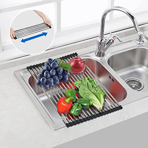 ARAINY Large Telescopic Drain Rack Roll Up Rack Heat-Resistant Dish Drainer Kitchen Sink Rack Over the Sink Dish Drying Rack Stainless Steel Dish Rack (18 Tube 21.25''x12.79'')