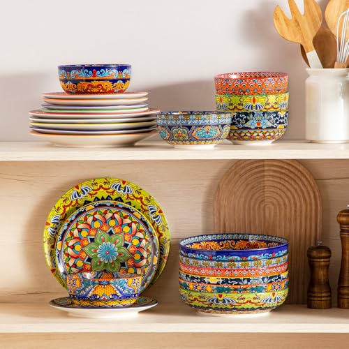 vancasso 24-Piece Dinnerware Sets,Plates & Bowls Sets Service for 6, Bohemian Porcelain Dishes Set for 6, Kitchen Dinner Set,Microwave & Dishwasher Safe, Scratch Resistant,Series KRVI