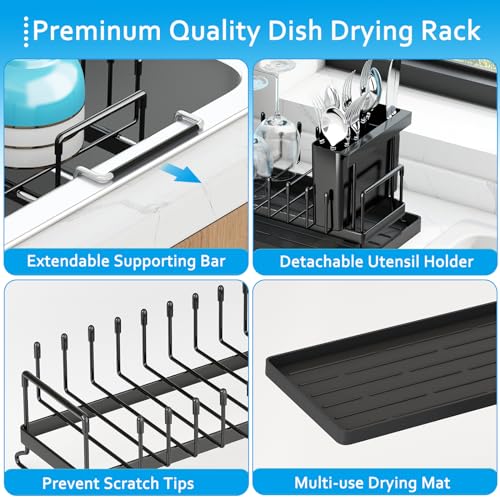 ANTOPY Sink Dish Drying Rack - Expandable Small Dish Rack Over Sinks with Silicone Drying Tray, Dish Drainer for Kitchen Counter with Cutlery Holder, Drying Rack Fit for 14’’-19’’ Kitchen Sink