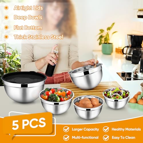 TeamFar Mixing Bowl Set of 5, 4.5/3/1.5/1/0.7 QT, Stainless Steel Metal Nesting Salad Bowl with Lid Set, Ideal for Mixing Serving, Non-Toxic & Sturdy, Airtight Lid & Easy Clean, Black