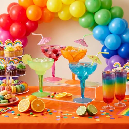 Honeydak 86 Pcs Plastic Margarita Glasses with Cocktail Straws, 36 Pcs 12 oz Disposable Margarita Glass Cups, 50 Pack Straws for Cocktails Summer Party Tropical Beverages, Multicolor(Hawaiian)
