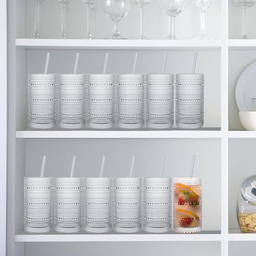 Dingerjar Upgraded Large Capacity 16 oz/480 ml Hobnail Glasses Drinking Set of 12 - Heavy Vintage Glassware