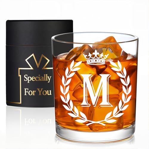 Jmugmt Personalized Whiskey Glasses Gifts for Men, Letter M Initial Whiskey Glass, Christmas Birthday Gifts for Men Husband Brother Dad, 10 OZ Old Fashioned Glass with Gift Box(Letter M)