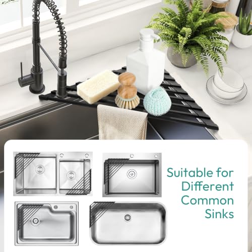 romise Small Triangle Roll Up Dish Drying Rack for Sink Corner, Foldable Silicone Coated Stainless Steel Over Sink Rack, Space Saving Heat Resist Anti-Slip Anti-Rust Drainer Mat for Dish Fruit (Black)