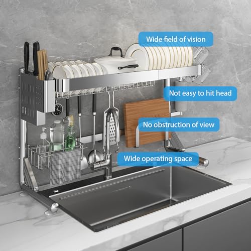 Shrivee Over The Sink Dish Drainer Drying Rack, 2 Tier Adjustable Width (20.87'' to 37.6'') 304 Stainless Steel Large Over Sink Dish Drying Rack for Kitchen Counter Organizer, (Silver)