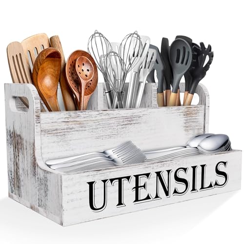 Suli Extra Large Kitchen Utensils Holder with 4 Compartments, White Wooden Utensil Organizer for Kitchen Countertop, Farmhouse Utensil Storage, Rustic Cooking Utensils - White Grain