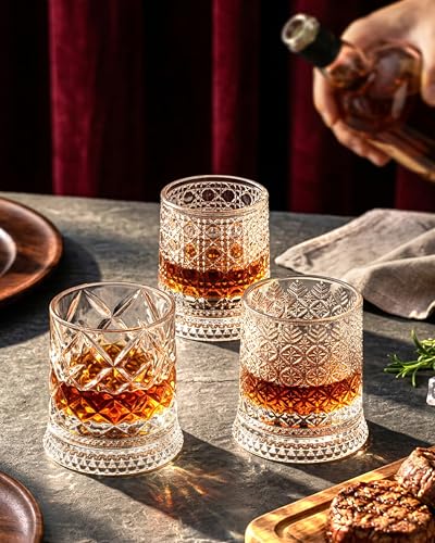 CEEFU Old Fashioned Whiskey Glasses with 360° Rotating Base, Set of 2 (2 Crystal Glasses Set, 2 Big Ice Ball Molds) In Gift Box - Bourbon, Cocktail, Rocks, Bday Gifts Ideas for Men, Gem Pattern