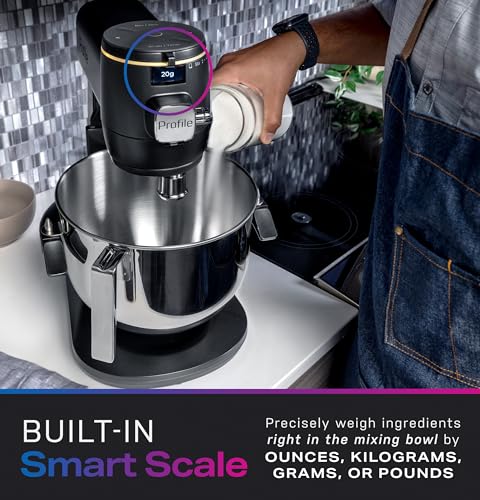 GE Profile Smart Stand Mixer w/Built-In Smart Scale & Auto Sense Technology, 7qt Stainless Steel Bowl, 11 Speed l Dough Hook, Beater, 11-wire whip l works w/Amazon Alexa & Google Home l Stone White