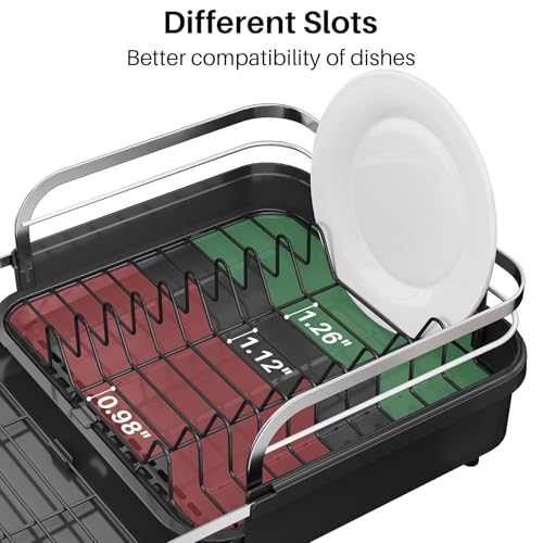 SNTD Dish Drying Rack, Expandable Dish Rack for Kitchen Counter, Stainless Steel Dish Drainer with Drainboard Set and Utensil Holder (Black)