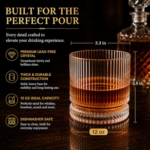 VUNDO Vintage Whiskey Glasses Set of 4, 12 oz Crystal, Luxury Gift Box
