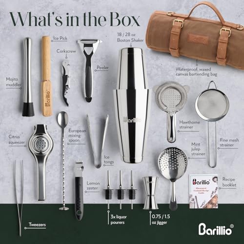 Barillio Bartender Kit Bag with Cocktail Shaker Set - Waxed Canvas, Traveling Bar Tools Bag with 17-Pc Cocktail Kit - Travel Mixology Bartending Kits - Mobile Bar Roll with Strap & Accessories