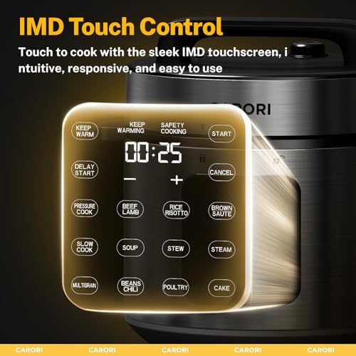 CARORI 9-in-1 Electric Pressure Cooker, 1200W Instant Multi-Cooker with IMD Touchscreen, Olla de Presion, Non-Stick Pot, Rice Cook, Slow Cook, Steamer, Sauté, Warmer, Safe Venting, Silver 8 Qt