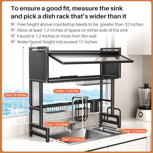 Over The Sink Dish Drainer Drying Rack 3 Tiers with Cover, Keep Kitchen Sink Shlef Organized Space-Saving Dish Drying Rack, Large Stainless Steel Sink Drying Rack for Dishes, Bowls, Cutlery (33.4"W)