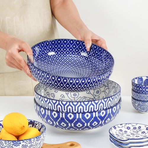 Selamica 9.5" Serving Bowls, 60 OZ Large Salad Bowls Set of 3 for Entertaining Party, Ceramic Bowls for Kitchen, Pasta, Soup, Dinner, Vintage Blue