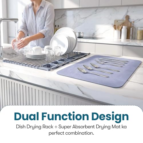Havenity™ Expandable Roll Up Dish Drying Rack with Drying Mat - Adjustable Up to 22.75" with 2 Free Attachments & 2 Removable Baskets, 304 Stainless Steel Over The Sink Dish Drying Rack Cover Kitchen