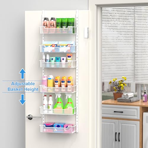 VyGrow 12.3" W Narrow Over the Door Pantry Organizer, 6-Tier Over the Door Organizer with Adjustable Basket, Pantry Door Organization for Pantry Kitchen Storage Room Spice Rack, White