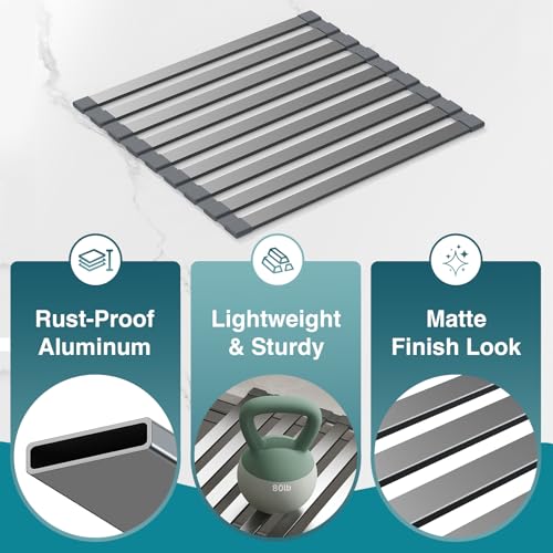COOL-ANGLE Aluminum Roll Up Dish Drying Rack Over The Sink, 17.7" x 13.4" Rust-Proof Foldable Dish Drainer Mat, Heat Resistant Trivet & Kitchen Sink Cover, Fits Sinks up to 16.8" Wide, Matte Gray