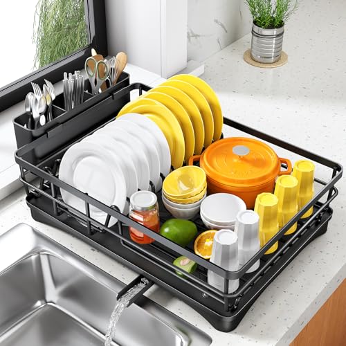 SNTD Dish Drying Rack for Kitchen Counter - Large Dish Rack with Drainboard, Rustproof Dish Drainer with Utensil Holder for Sink, Black
