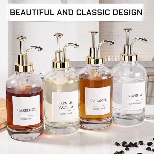 Coffee Bar Accessories,Coffee Syrup Dispenser with Labels for Coffee Bar,Pack of 4,Total 67.6 oz (Gold Pump)