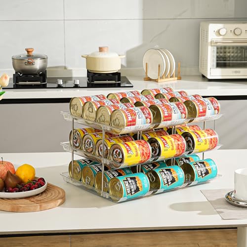 Amllas Can Organizer for Pantry, Stacking Can Storage Organizer Pantry, Automatic Rolling Can Rack for Fridge, 3Tire 3 Columns Can Holder for 36 Cans, Canned Goods Organizer